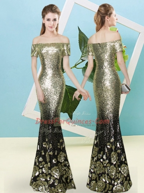 Short Sleeves Sequined Floor Length Zipper Dress for Prom in Gold with Sequins
