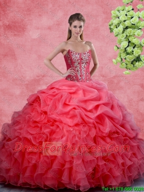 2016 Popular Beaded and Ruffles Quinceanera Gowns in Coral Red