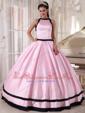 Baby Pink and Black Ball Gown Bateau Floor-length Taffeta Quinceanera Dress