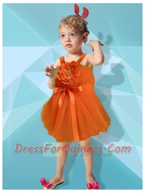 2014 Orange Red Short Mini-length Hand Made Flowers Straps Little Girl Dress