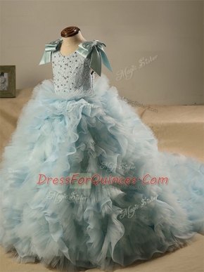 Scoop Sleeveless Brush Train Zipper Child Pageant Dress Light Blue Tulle