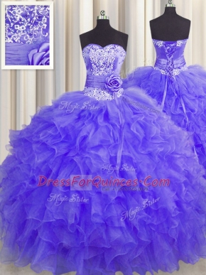 Handcrafted Flower Lavender Sleeveless Beading and Ruffles and Hand Made Flower Floor Length 15th Birthday Dress