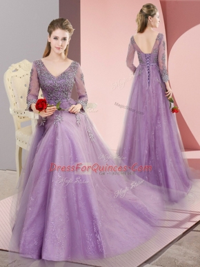 Extravagant Tulle Long Sleeves Prom Gown Sweep Train and Beading and Appliques