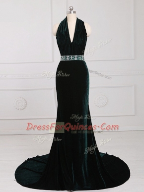 Latest Dark Green Elastic Woven Satin Zipper Prom Evening Gown Sleeveless Brush Train Beading