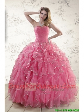 2015 Pretty Beading Quinceanera Dresses in Rose Pink
