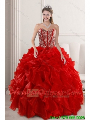 2015 Fashionable Red Quinceanera Dresses with Beading and Ruffles