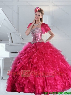 New Styles Hot Pink Quince Dress with Beading and Ruffles for 2015