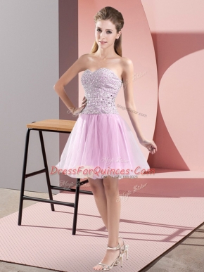 Suitable Lilac A-line Tulle Sweetheart Sleeveless Beading Mini Length Zipper Homecoming Dress