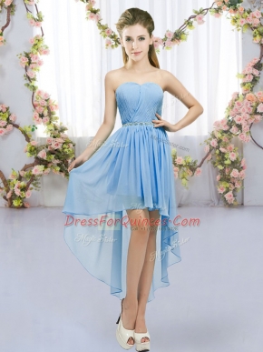 Blue Chiffon Lace Up Sweetheart Sleeveless High Low Vestidos de Damas Beading