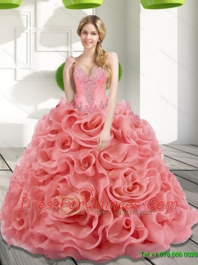 Best Beading and Rolling Flowers 2015 Watermelon Sweet 15 Dresses