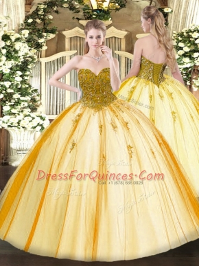Ball Gowns 15 Quinceanera Dress Gold Sweetheart Tulle Sleeveless Floor Length Lace Up