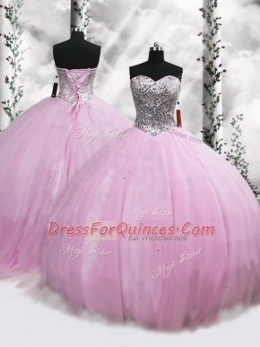 Sweet Lilac Ball Gowns Beading 15th Birthday Dress Lace Up Tulle Sleeveless