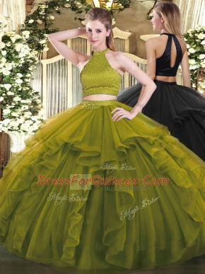 Classical Olive Green Sleeveless Organza Backless 15 Quinceanera Dress for Military Ball and Sweet 16 and Quinceanera
