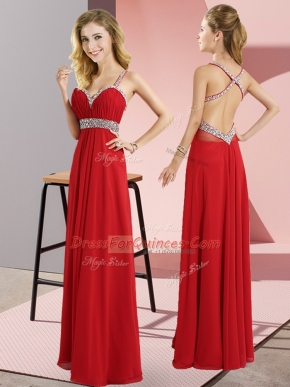 Red Empire Beading Evening Dress Criss Cross Chiffon Sleeveless Floor Length