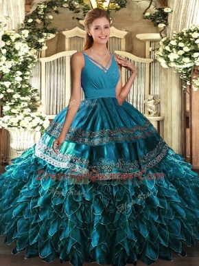 Blue Organza Backless V-neck Sleeveless Floor Length Quinceanera Dresses Ruffles