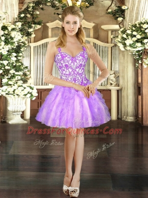 Gorgeous Straps Sleeveless Prom Evening Gown Mini Length Beading and Ruffles Lilac Tulle