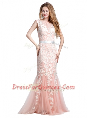 Scoop With Train Column/Sheath Cap Sleeves Pink Prom Dresses Brush Train Zipper