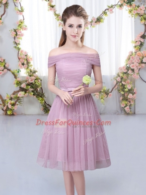 Most Popular Pink Empire Off The Shoulder Short Sleeves Tulle Knee Length Lace Up Belt Dama Dress