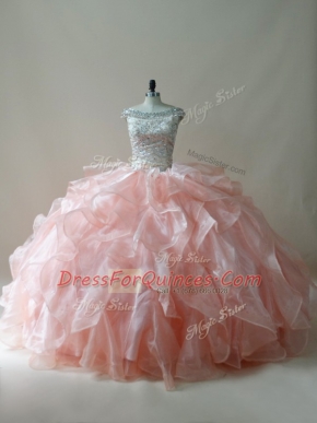 Gorgeous Peach Zipper 15th Birthday Dress Beading and Ruffles Sleeveless Floor Length