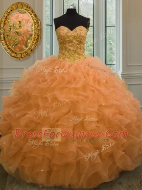Beading and Ruffles 15th Birthday Dress Orange Lace Up Sleeveless Floor Length