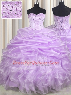 Popular Lavender Sleeveless With Train Beading and Ruffles and Pick Ups Lace Up Quinceanera Gowns