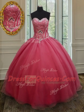 Beading and Ruching Ball Gown Prom Dress Pink Lace Up Sleeveless Floor Length
