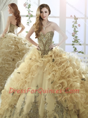 Cheap Organza Beaded and Ruffled Discount Quinceanera Dresses with Brush Train