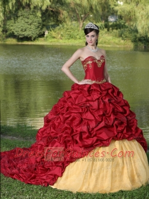 Quinceanera Dress Appliques and Pick-ups Wine Red Brush Train Exquisite Style