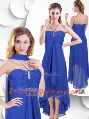 2016 Simple Spaghetti Straps High Low Blue Prom Dress with Beading