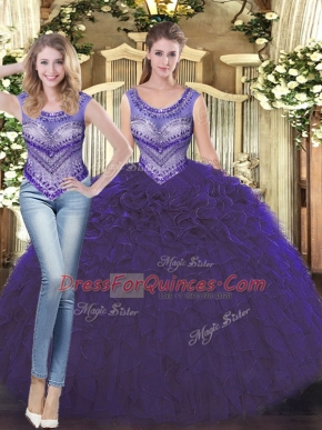 Hot Selling Purple Ball Gowns Tulle Scoop Sleeveless Beading and Ruffles Floor Length Lace Up Sweet 16 Dresses