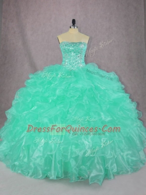 New Style Floor Length Turquoise Vestidos de Quinceanera Organza Sleeveless Beading and Ruffles