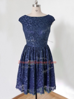 Scoop Cap Sleeves Dama Dress for Quinceanera Knee Length Lace Royal Blue Lace