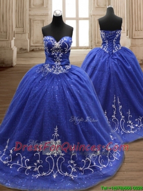 Perfect Applique Royal Blue Sweet 16 Dress with Brush Train