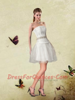 A Line Strapless 2015 White Dama Dresses With Beading and Ruching