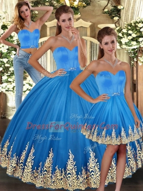 Sleeveless Floor Length Embroidery Lace Up 15th Birthday Dress with Baby Blue