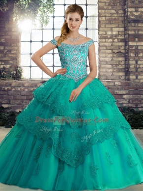 Custom Design Turquoise Ball Gowns Off The Shoulder Sleeveless Tulle Brush Train Lace Up Beading and Lace Quinceanera Dresses