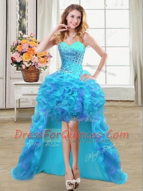 High Low Lace Up Evening Dress Aqua Blue for Prom and Party with Beading and Ruffles
