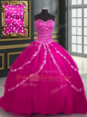 Glamorous Fuchsia Tulle Lace Up Sweetheart Sleeveless With Train Sweet 16 Dresses Brush Train Beading and Appliques