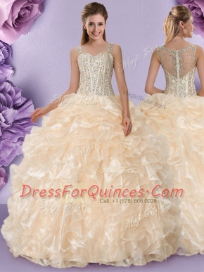Glorious Straps Beading and Ruffles Sweet 16 Quinceanera Dress Champagne Zipper Sleeveless Floor Length