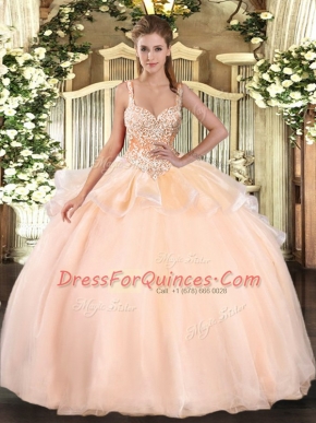 Modest Floor Length Peach Quince Ball Gowns Organza Sleeveless Beading