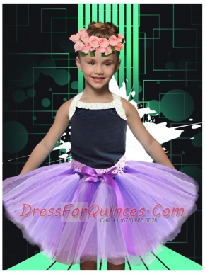 2014 Lilac Halter Bowknot Tulle Little Girl Dress with Knee-length