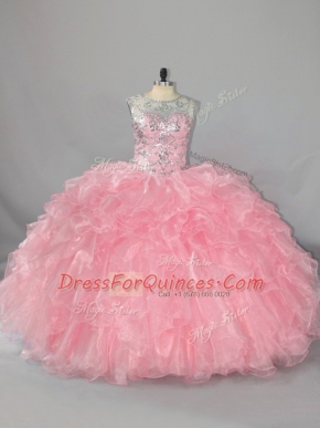 Organza Scoop Sleeveless Lace Up Beading and Ruffles 15th Birthday Dress in Pink