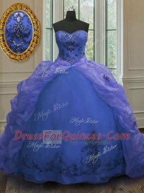 Great Blue Sleeveless With Train Beading and Appliques and Pick Ups Lace Up Quinceanera Gown