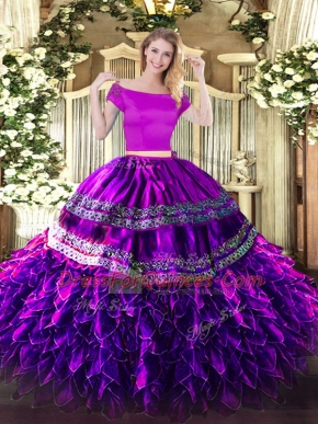 Suitable Eggplant Purple Two Pieces Embroidery and Ruffles Sweet 16 Quinceanera Dress Zipper Organza and Taffeta Short Sleeves Floor Length