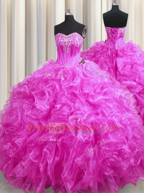 Most Popular Fuchsia Sleeveless Beading and Ruffles Lace Up 15th Birthday Dress