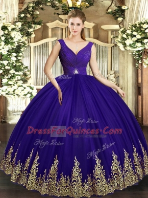 Tulle V-neck Sleeveless Backless Beading and Appliques Sweet 16 Dresses in Purple
