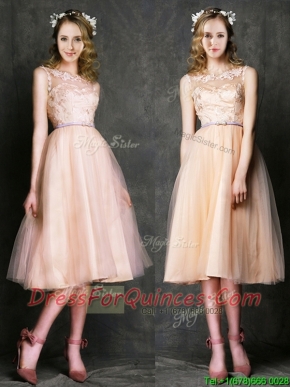 Romantic Laced and Sashed Scoop Prom Dresses in Peach