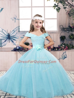 Lace and Belt Custom Made Pageant Dress Aqua Blue Lace Up Sleeveless Floor Length