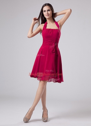 High End Fuchsia Chiffon Zipper Halter Top Sleeveless Knee Length Dress for Prom Ruching