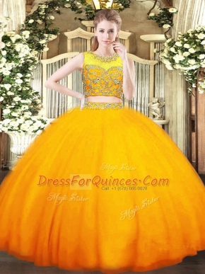 Customized Orange Sleeveless Tulle Zipper 15th Birthday Dress for Military Ball and Sweet 16 and Quinceanera